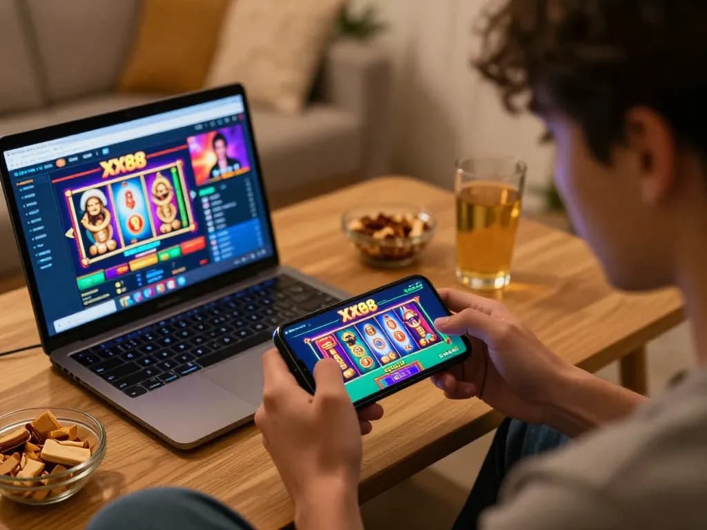 Person engaging with the XX88 casino app on a smartphone at home, showcasing an exciting online gaming experience