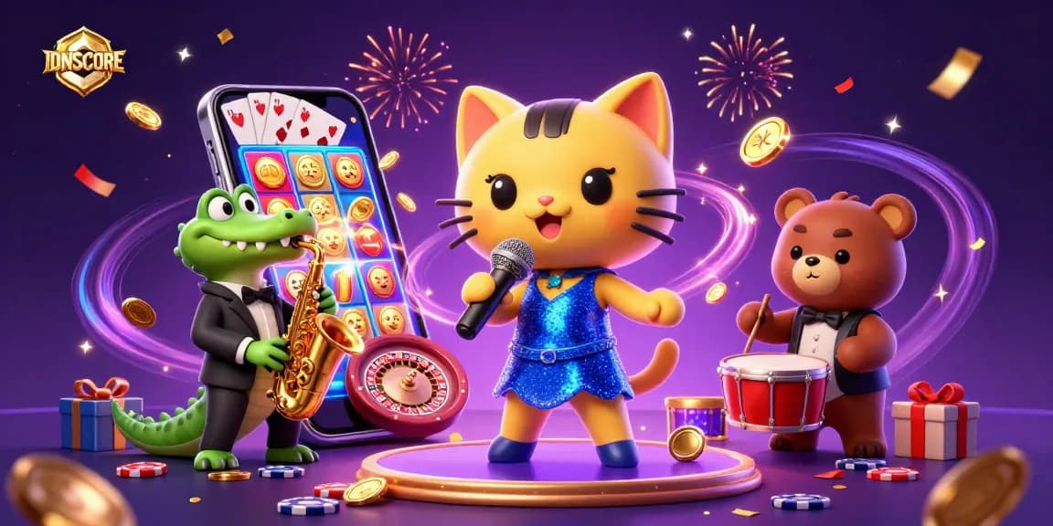 IDNSCORE offers exciting casino experiences with vibrant characters and games in a colorful scene.