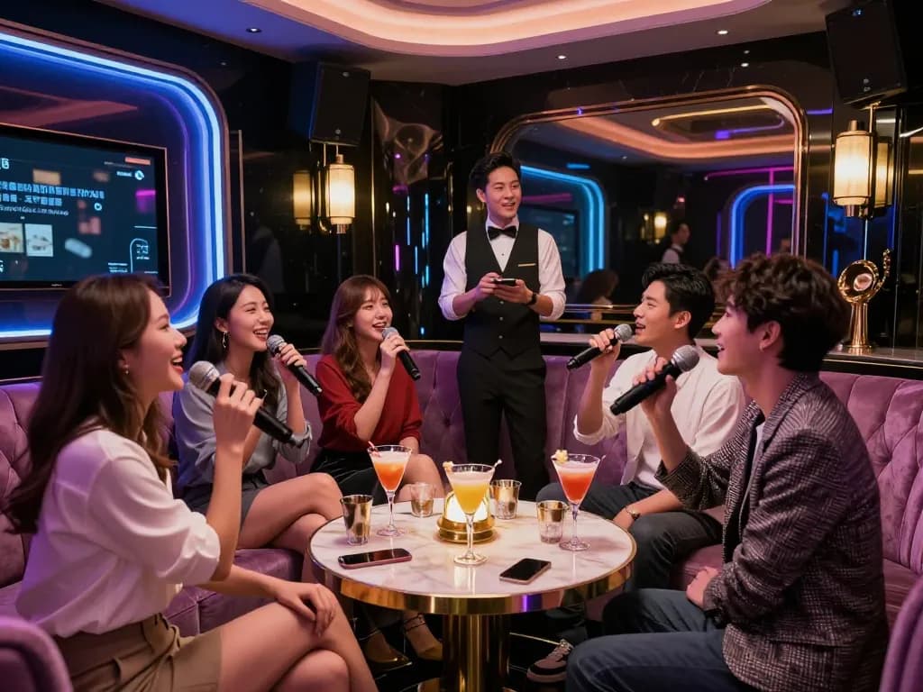 럭셔리한 분위기의 강남가라오케 개인실에서 신나는 그룹 노래와 음료를 즐기는 모습.