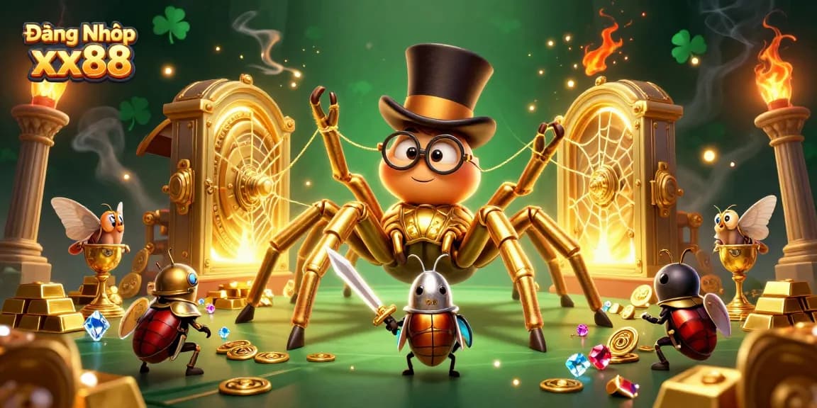 Engage in Đăng Nhập xx88 to a vibrant casino world with a golden tarantula and beetle knight.