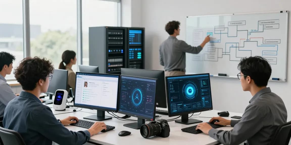 Team collaborating on an age verification system in a modern workspace.