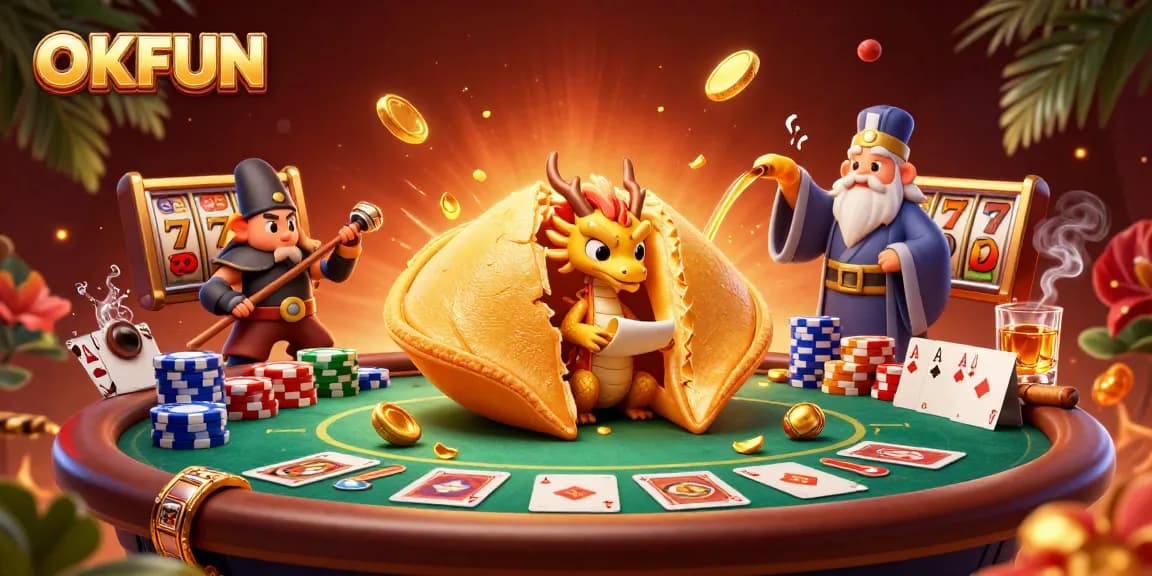 Experience OKFUN with a vibrant 3D illustration featuring a dragon, golden fortune cookie, and dynamic casino elements.