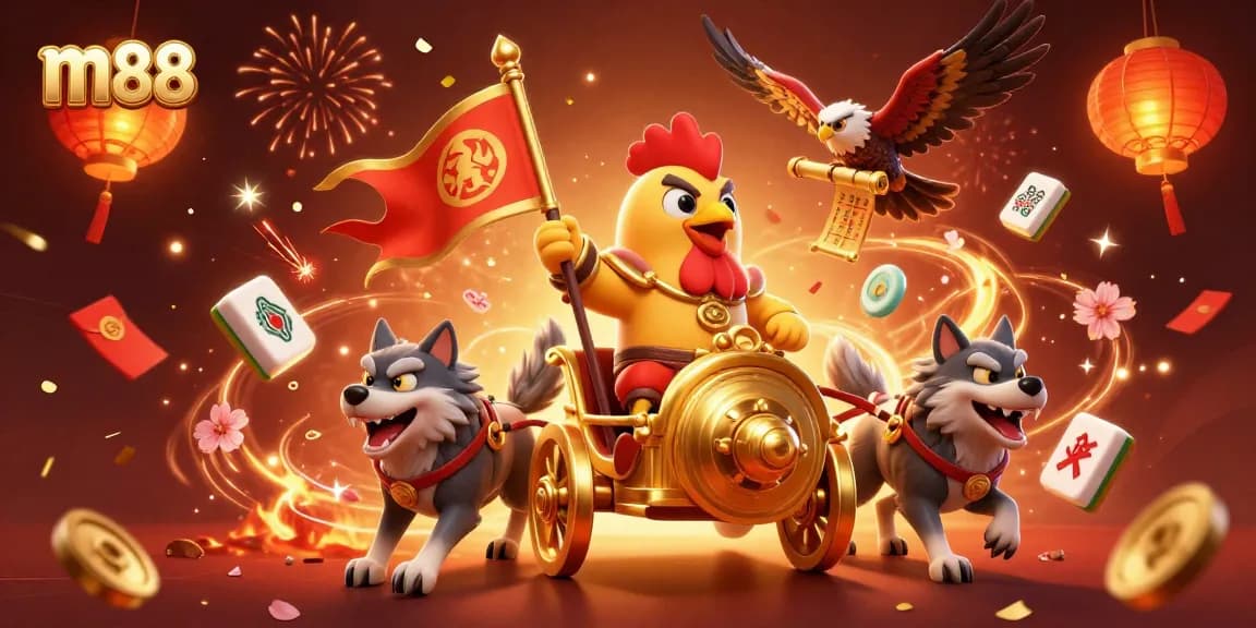 Experience thrilling gambling with m88, featuring a rooster warlord in an epic casino scene