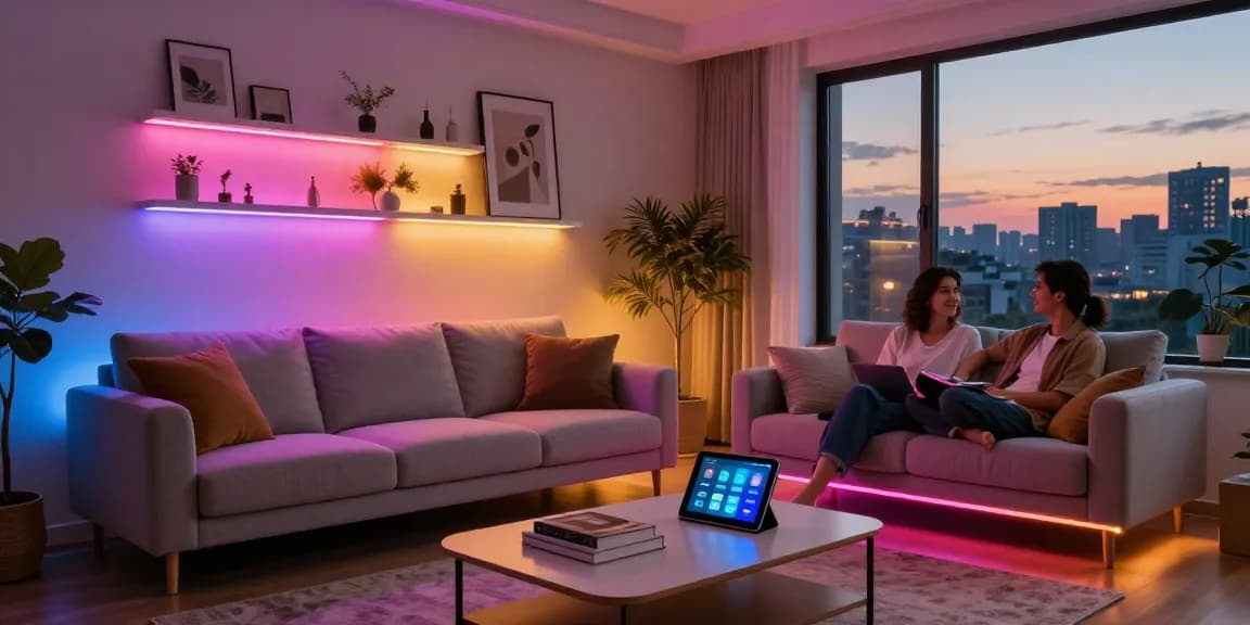 Banda LED colorată iluminând un living modern, creând o atmosferă primitoare și elegantă.