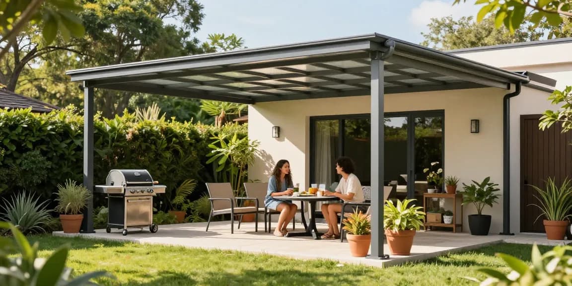 Moderne freistehende Terrassenüberdachung mit gemütlicher Atmosphäre für Gartenentspannung.