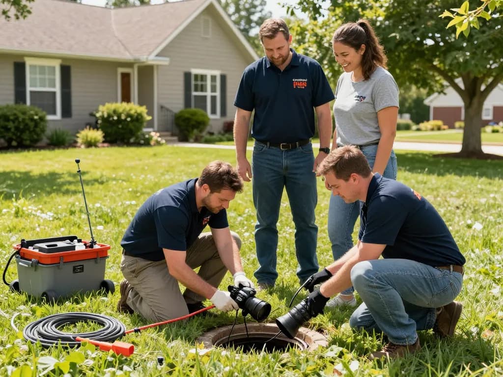 Sewer repair team inspecting drainage line in Merrillville IN showcasing expert service.