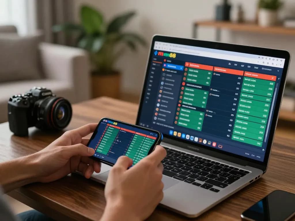 Hands engaging in live sports betting on mm88 with smartphone and laptop, focusing on strategy.