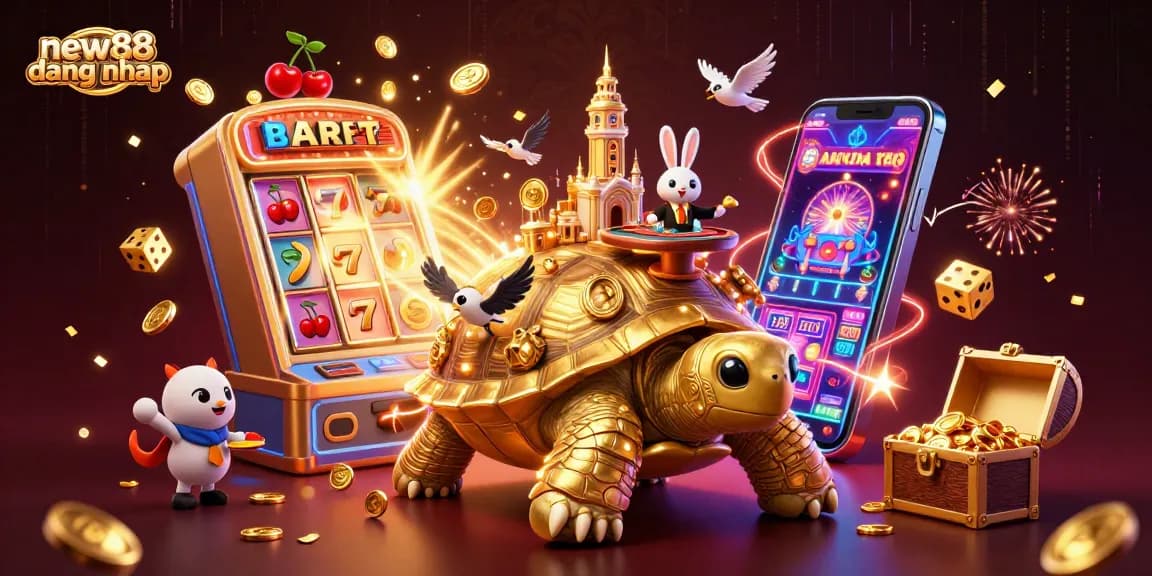 Experience thrilling gameplay with new88 dang nhap, featuring a golden tortoise casino scene filled with dynamic elements.