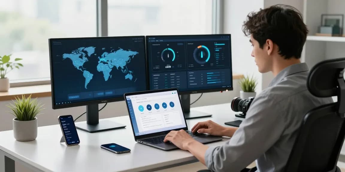 快连 VPN user engaging with a laptop in a modern office, showcasing high-speed connectivity.