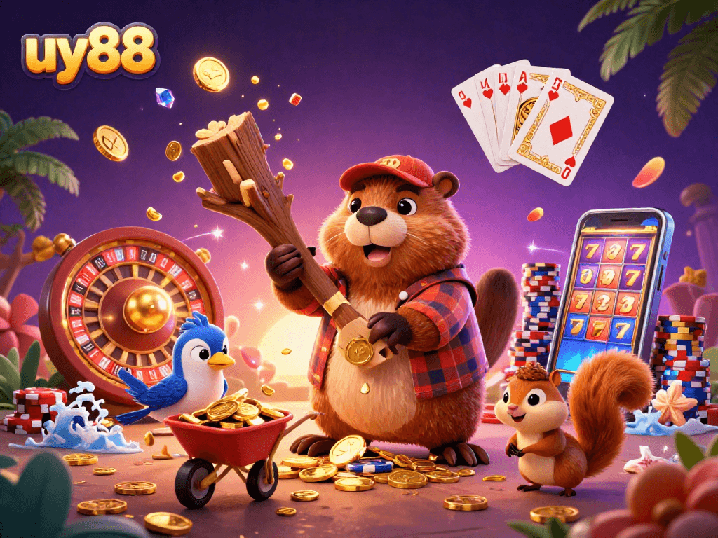 Experience the thrill of winning at uy88 as a cartoon lumberjack beaver chops a tree raining gold coins and excitement.