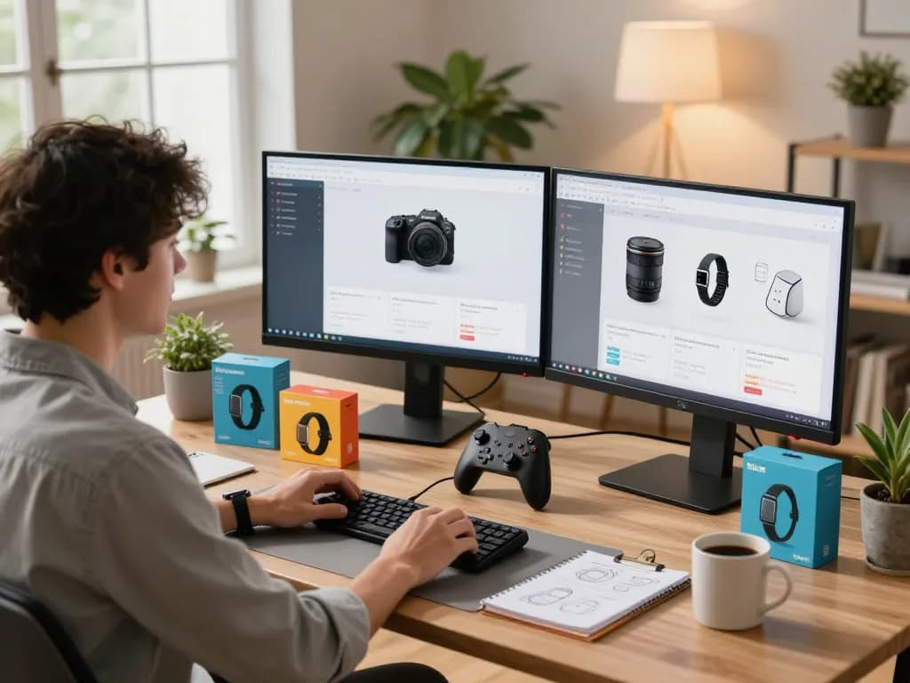 Showcase of the best tech gadgets for men in a modern home office, featuring Bluetooth devices and a tech enthusiast engaged in testing.