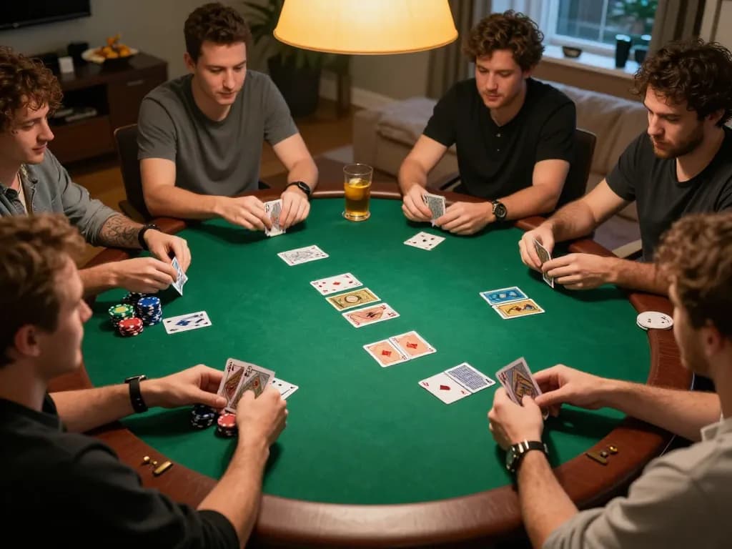 Friends playing poker at home during a HELLO88 gaming night, showcasing friendly competition and strategy