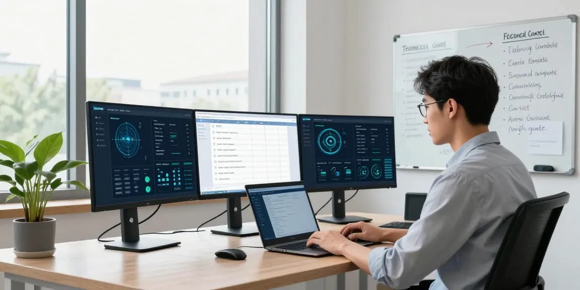 Detailed cybersecurity workspace focused on iasme cyber essentials compliance with monitoring dashboards and certification checklist.