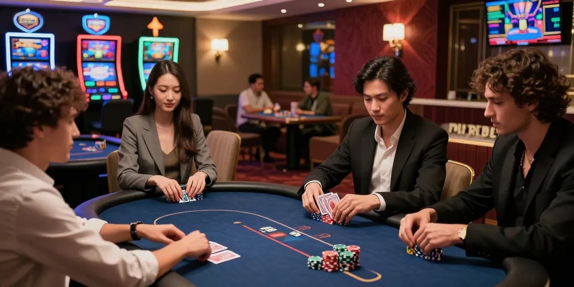 Engaging player at a luxury poker table in a high-end iwin gaming environment, surrounded by elegant decor and friends.
