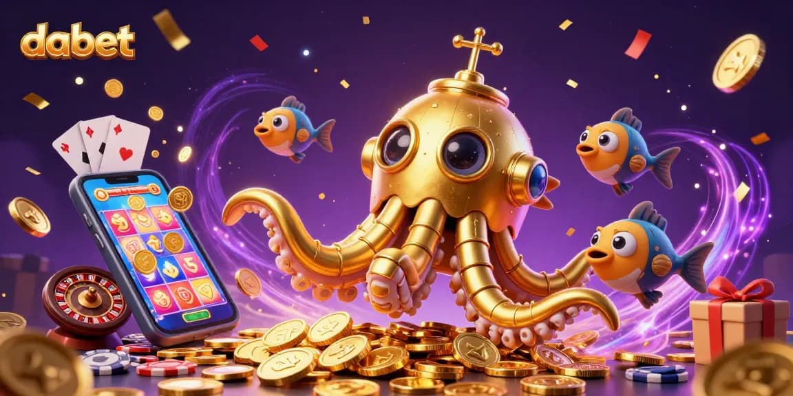 Dabet immerses players in vibrant slot gaming with a golden kraken submarine and bursting treasures.