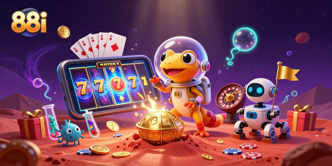 Exciting 88i Martian gecko discovers a golden casino with slot games, surrounded by cheerful alien elements.
