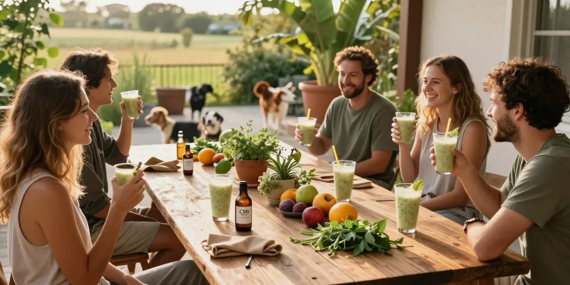 ministry of cannabis CBD oil shared among friends during a vibrant outdoor retreat with fresh herbs and smoothies.