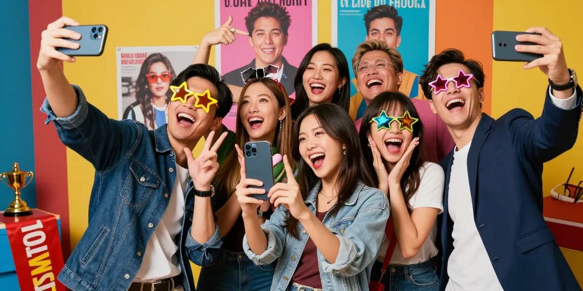 Friends taking selfies in a vibrant studio to find celebrities that look alike, reflecting joy and excitement.