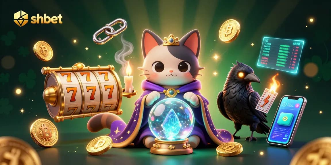 Experience shbet with an enchanting casino scene featuring a mystical cat, a raven, and vibrant slot elements.