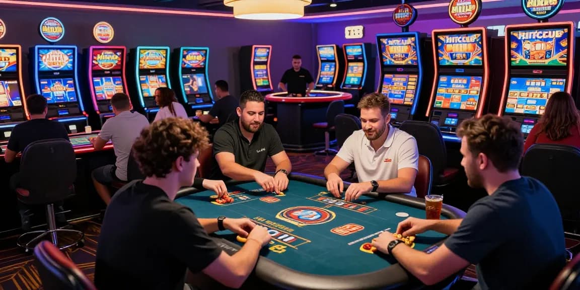 HITCLUB players engaged in a vibrant casino gaming experience with live dealers and colorful slot machines.