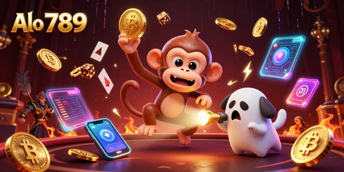 Alo 789 showcases thrilling cockfighting excitement with a mischievous poltergeist monkey juggling golden items in a haunted casino.