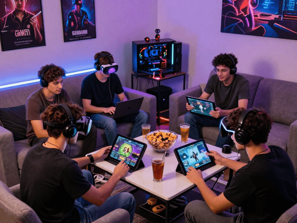 Engaged players enjoying html sex games in a vibrant gaming room with tech and neon lights.