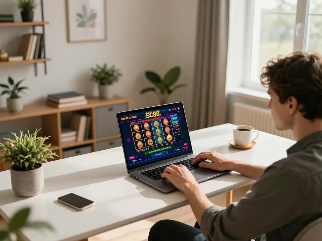 Player engaging with SC88 online gambling platform on laptop in cozy home setup.