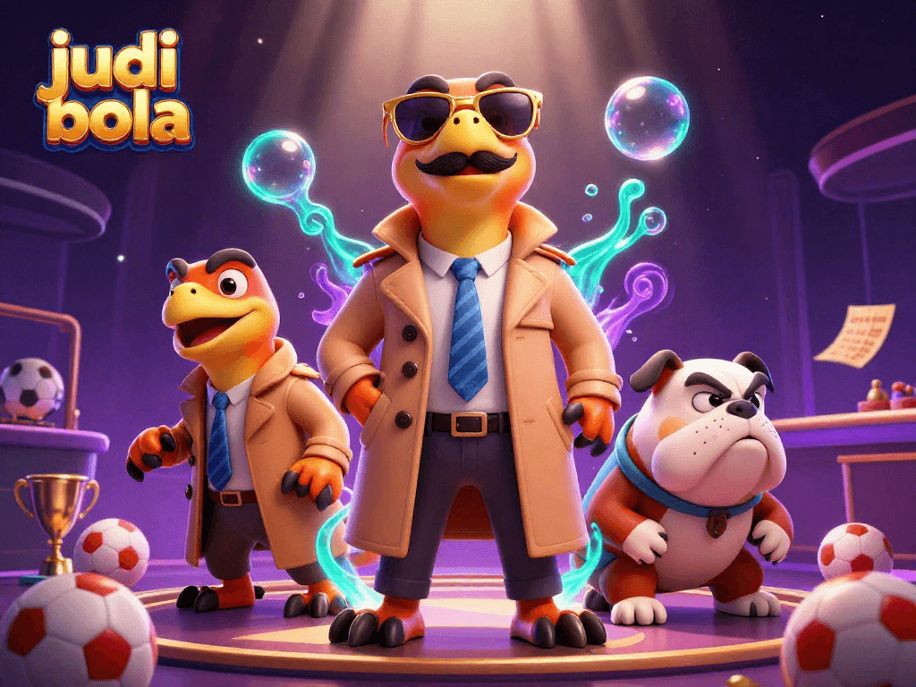 Engage with judi bola at a vibrant casino scene featuring playful raptors and sports betting elements.