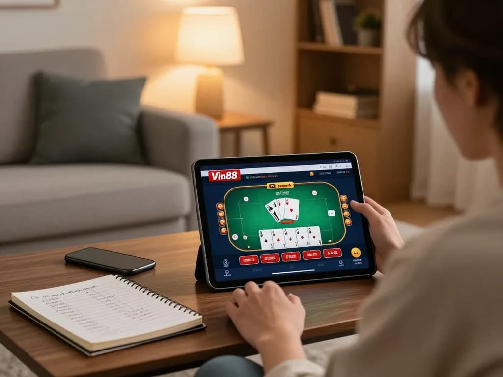 Engaging with Vin88 online casino on a tablet in a cozy living room.
