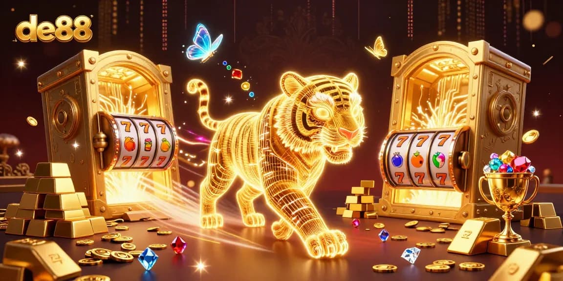 de88 features a golden tiger amidst a dazzling digital casino, symbolizing winning opportunities.