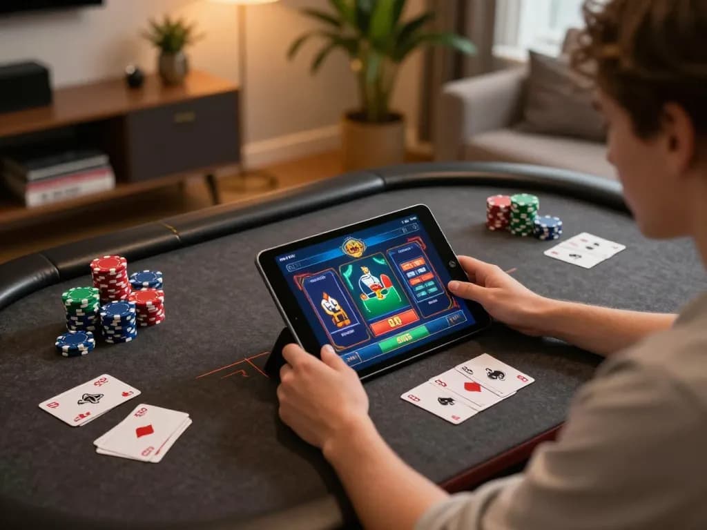 Engaging with the 8day casino app on a tablet in a cozy home gaming setup.