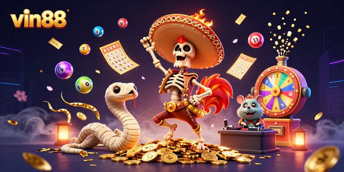 vin88 showcases an exciting online casino experience with vibrant elements, thrilling characters, and dynamic gaming energy.