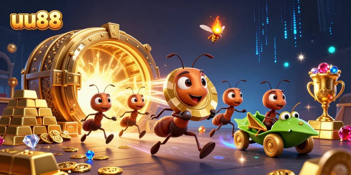 Experience thrilling gambling action with uu88 as cartoon ants carry a giant poker chip in a treasure-filled scene.