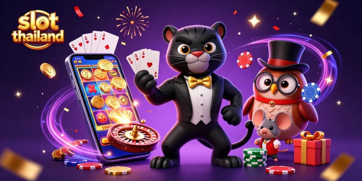 Engage in Slot Thailand excitement with a stylish panther and owl as they deal cards and hold poker chips.