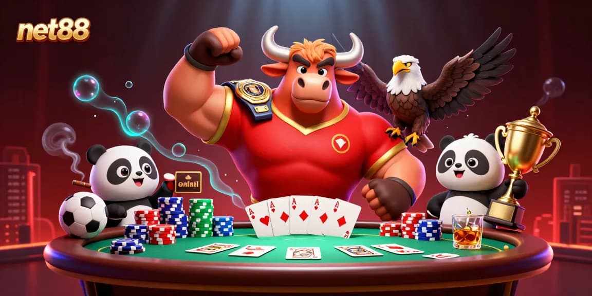 Bet on net88 with a dynamic sports betting scene featuring a muscular bull, eagle, and a joyful panda.