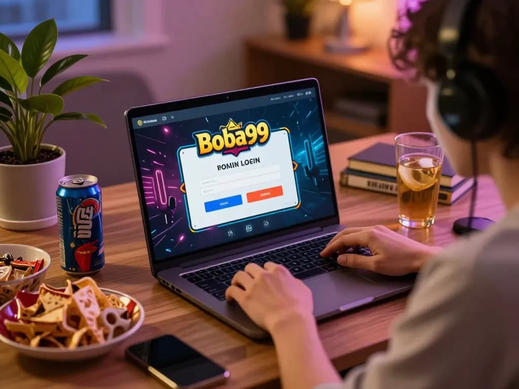 Layar login Boba99 di laptop dengan pengguna menikmati pengalaman permainan online di suasana rumah yang nyaman.