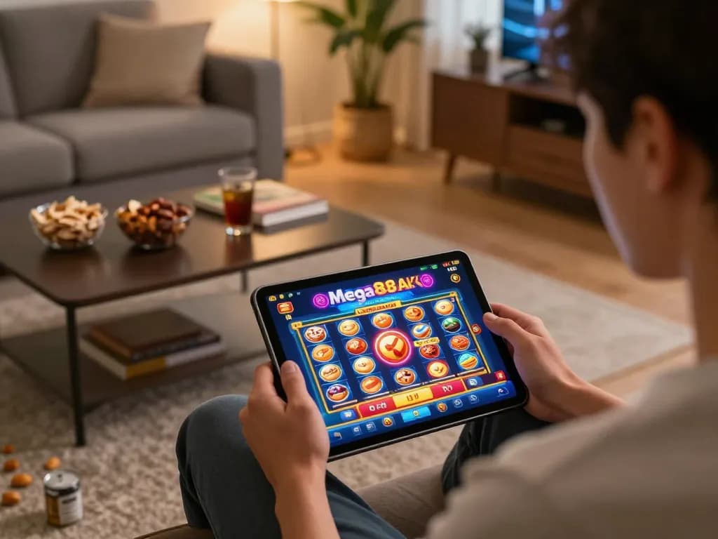 Engaging with Mega888 APK on a tablet in a cozy setting, with inviting snacks and personal touches.