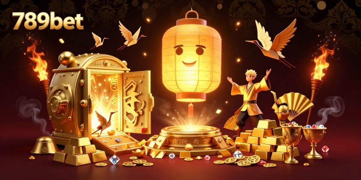 Engage with the vibrant 789bet casino scene featuring a golden lantern spirit and treasures.