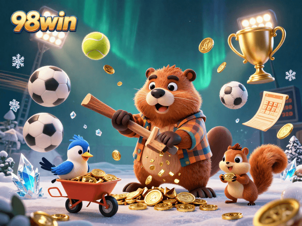 Experience the excitement of 98win with golden coins raining down, vibrant sports elements, and playful characters in action.