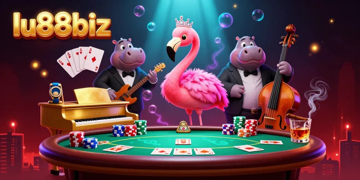 Engage with the vibrant casino scene of lu88biz featuring a flamingo singer and hippo bassist amidst poker and party elements.