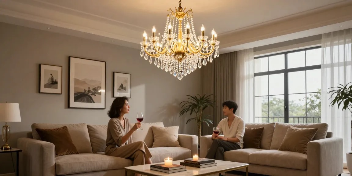 Candelabru LED strălucitor în living modern, iluminând elegant spațiul.
