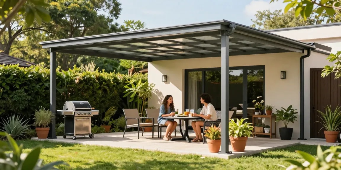 Moderne freistehende Terrassenüberdachung mit gemütlicher Atmosphäre für Gartenentspannung.