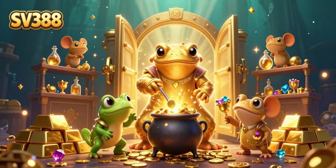 Experience exhilarating SV388 cockfighting action in a magical alchemy setting with gold coins and treasures.