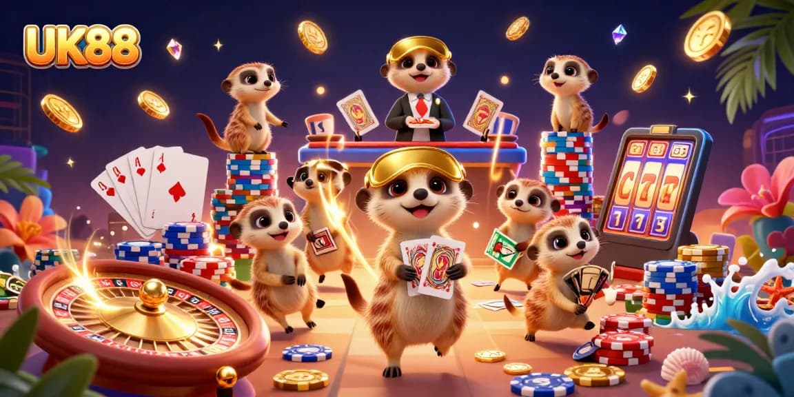 UK88 casino meerkats managing a vibrant casino scene with spinning roulette and golden coins.
