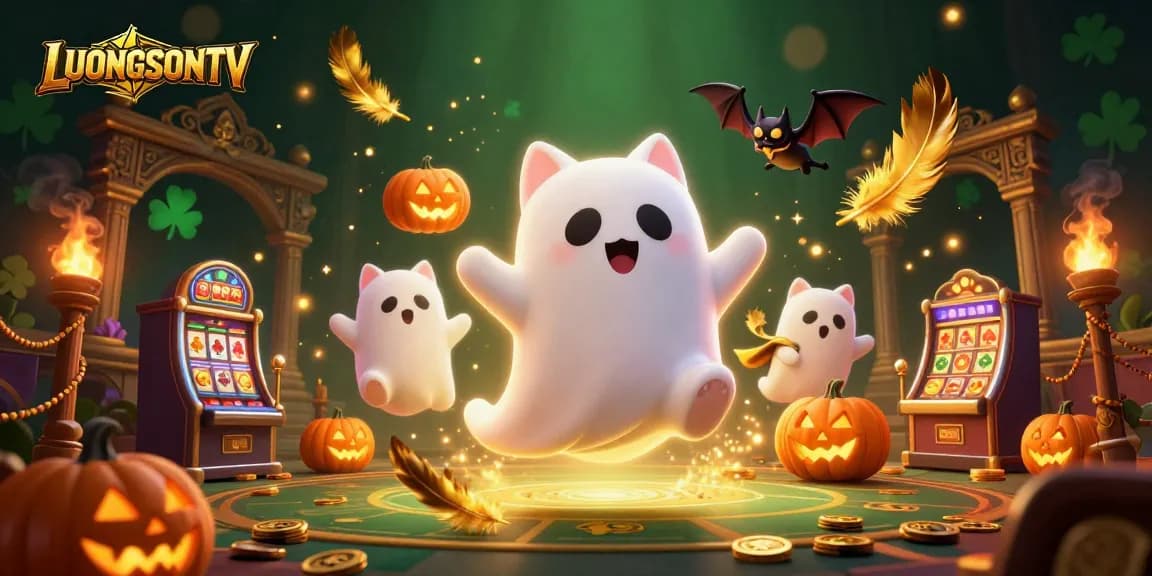 LUONGSONTV showcases a ghost cat and bat in a dynamic casino scene with glowing elements.