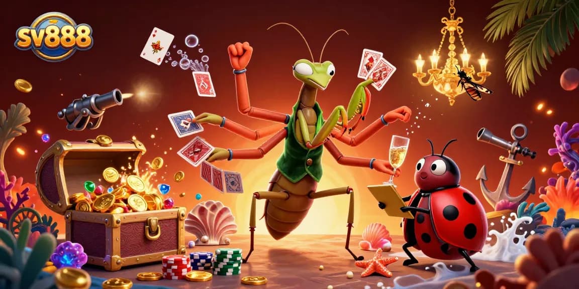 Experience thrilling gameplay with sv888 as a giant mantis deals cards amidst gold and treasure.