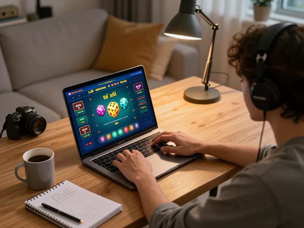 Engaging in tài xỉu online gameplay with a modern laptop in a cozy home office