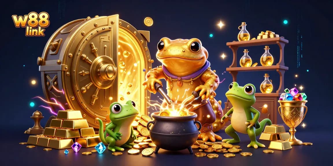 Betting on a vibrant scene featuring the w88 link with gold coins, alchemists, and casino treasures.