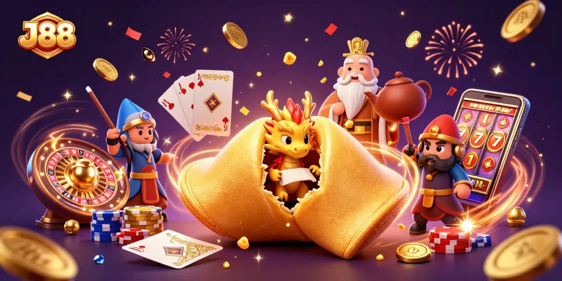 Engage with J88's vibrant casino scene, featuring a wise dragon unveiling fortunes from a golden cookie amidst a flurry of casino elements.