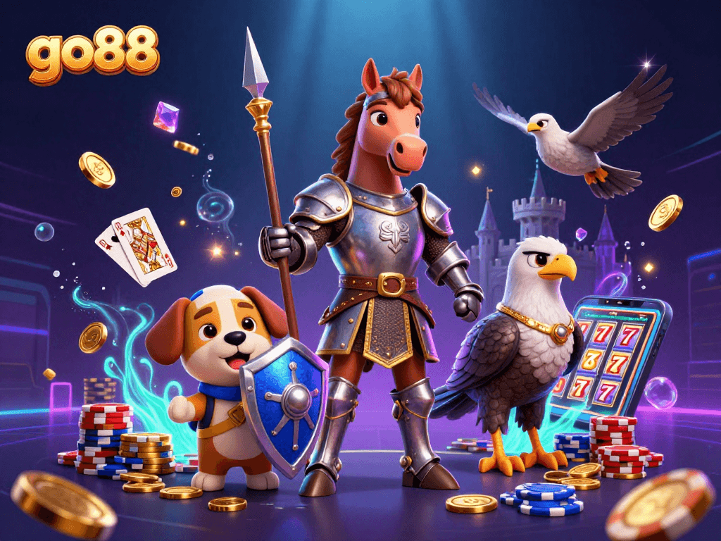 Experience go88 with a dynamic 3D illustration showcasing a knight, squire puppy, and falcon amidst casino excitement.